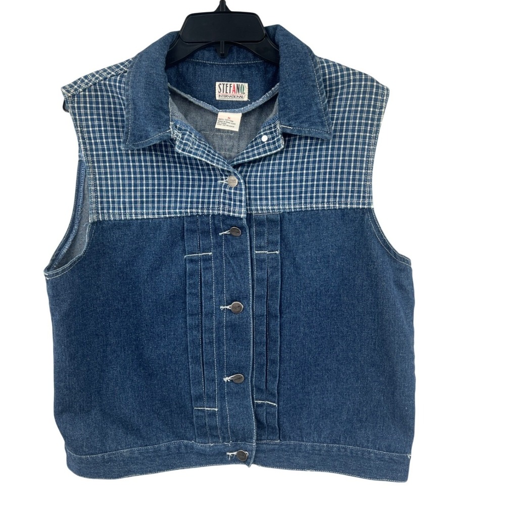 Stefano International Vintage Denim Vest Size M Blue Plaid Yoke 90s Utility‎